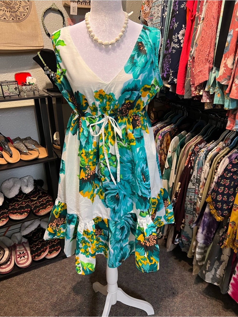 Sacred Threads White Sundress with Teal & Yellow Floral Print